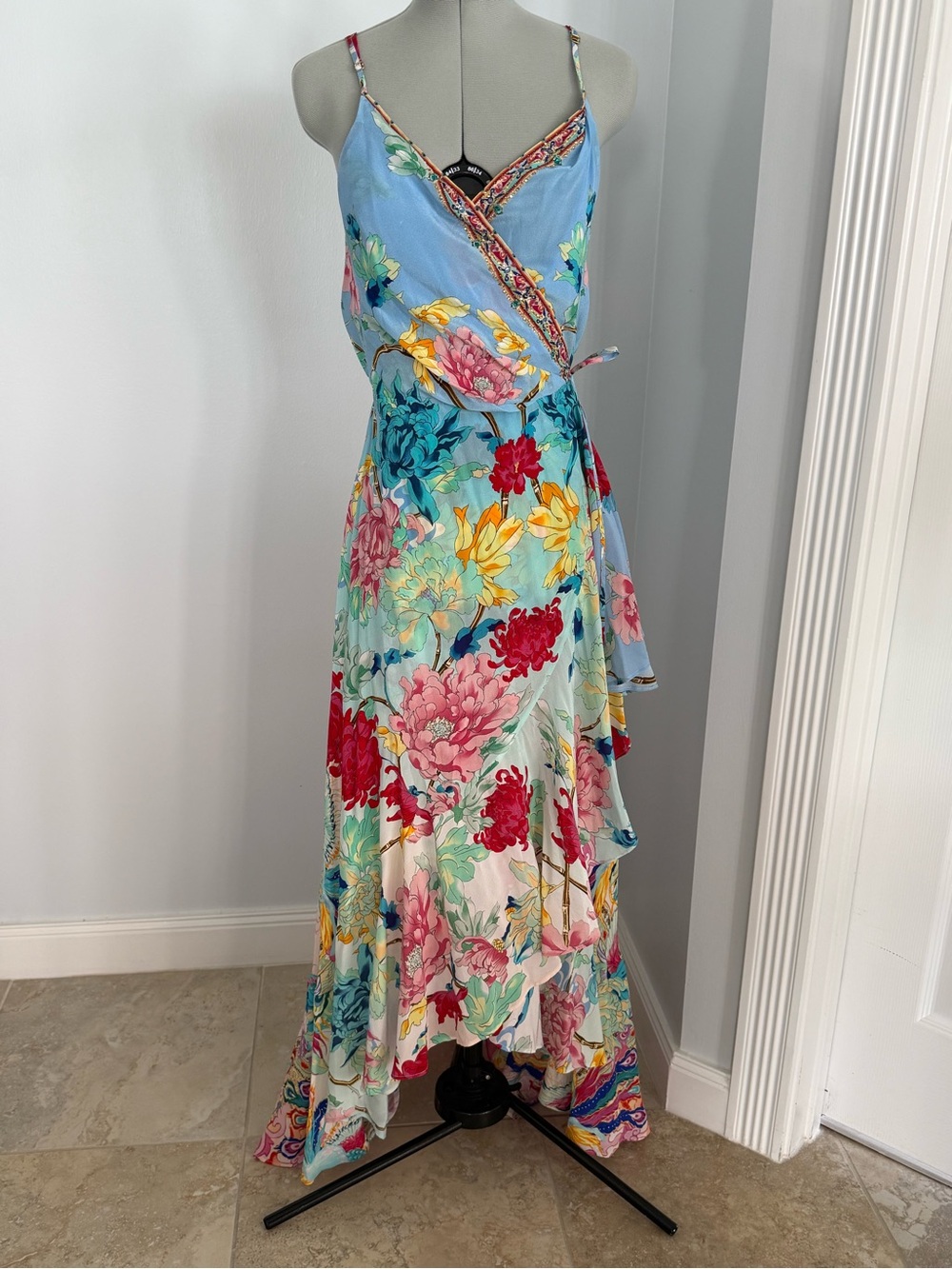 Camilla Go Stag Floral Print Draped Front Strappy Wrap Maxi Dress Silk S BNWOT